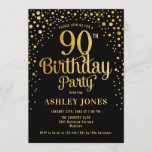 90th Birthday Party - Black & Gold Invitation<br><div class="desc">90th Birthday Party Invitation.
Elegant design in black and faux glitter gold. Features stylish script font and confetti. Message me if you need custom age.</div>