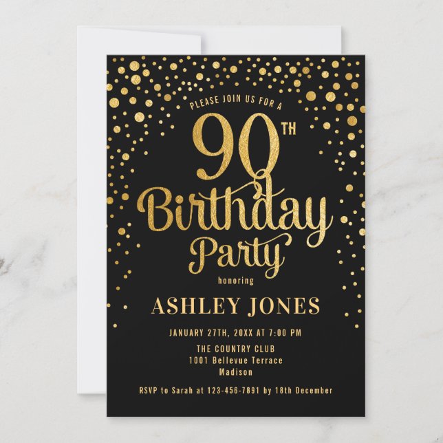 90th Birthday Party - Black & Gold Invitation (Front)