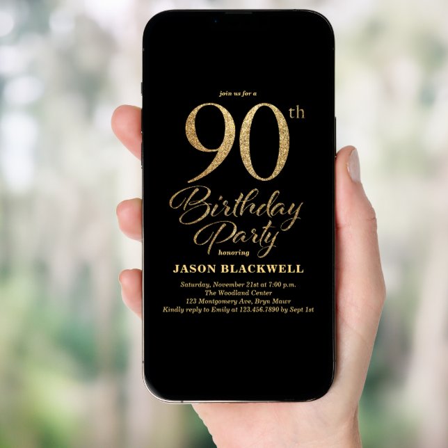 90th Birthday Party Black & Gold Invitation (Front Digital)
