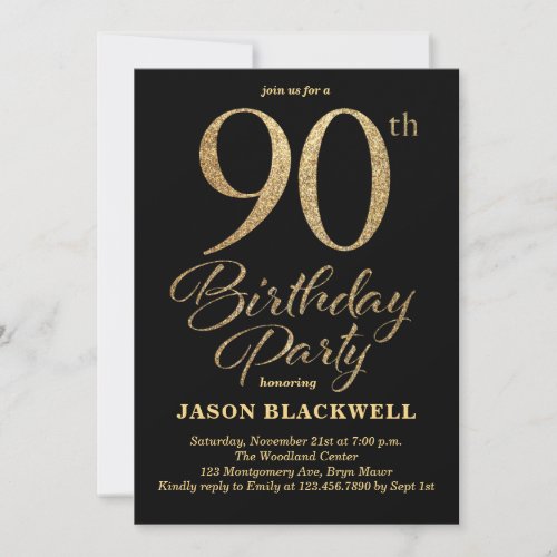 90th Birthday Party Black  Gold Invitation