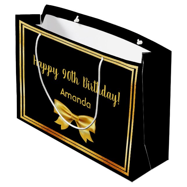 90th birthday party black gold name bow large gift bag (Back Angled)