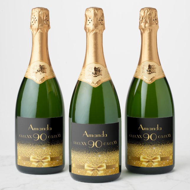 90th birthday party black gold name chic sparkling wine label (Bottles)
