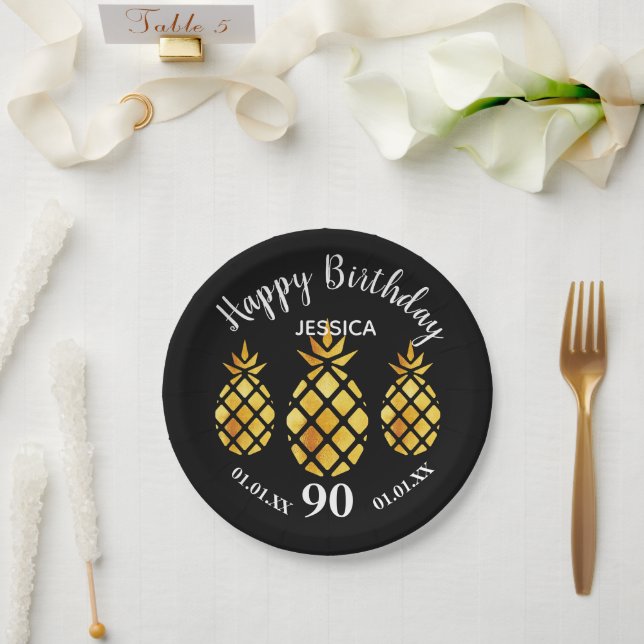 90th Birthday party black gold pineapples name Paper Plates (Wedding)