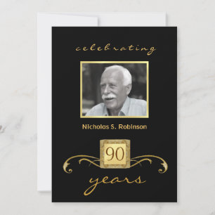 90th Birthday Party Black Gold - with photo Invitation