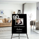 90th birthday party black photo name guy foam board<br><div class="desc">For a 90th birthday party.  Black background,  white text.  Personlize and add a high quality photo,  text,  name and date. Number 90 is writen with a faux silver balloon style font. Can be used as wall decor for the party or as a welcome poster.</div>