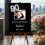 90th birthday party black photo name guy foam board<br><div class="desc">For a 90th birthday party.  Black background,  white text.  Personlize and add a high quality photo,  text,  name and date. Number 90 is writen with a faux silver balloon style font. Can be used as wall decor for the party or as a welcome poster.</div>