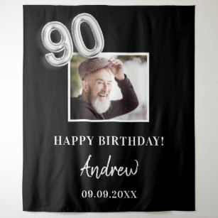 90th birthday party black photo name guy tapestry