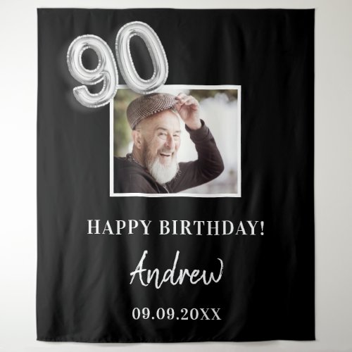 90th birthday party black photo name guy tapestry