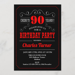 90th Birthday Party - Black Red White Invitation
