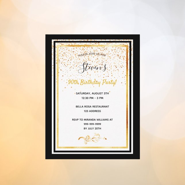 90th birthday party black white gold invitation postcard (Creator Uploaded)