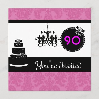 90th Birthday Party Black & White & Pink Damask In Invitation by PersonalCustom at Zazzle