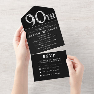 90th Birthday Party Black White Simple Modern All In One Invitation