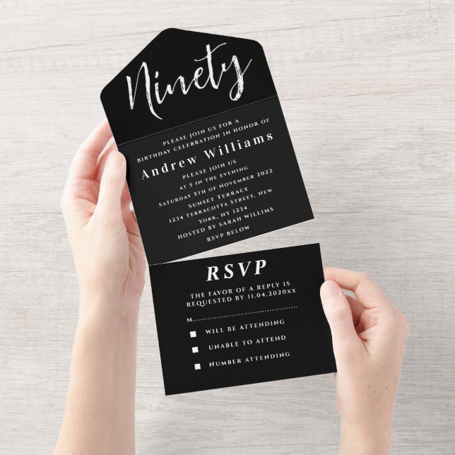 90th Birthday Party Black White Simple Modern All In One Invitation (Tearaway)