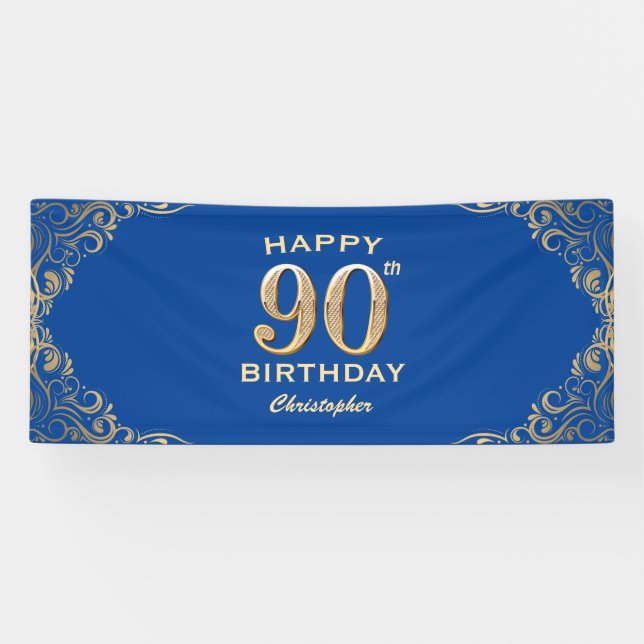 90th Birthday Party Blue and Gold Glitter Frame Banner (Horizontal)
