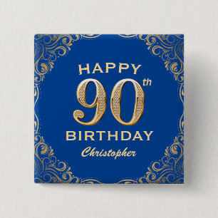 90th Birthday Party Blue and Gold Glitter Frame Button