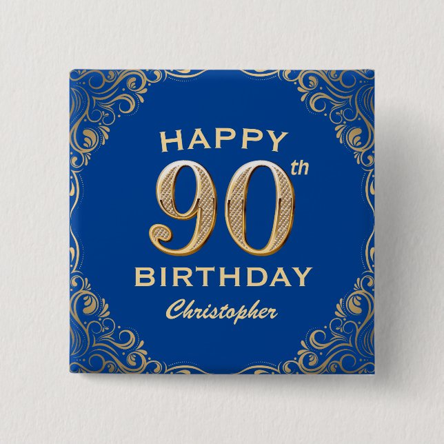 90th Birthday Party Blue and Gold Glitter Frame Button (Front)