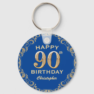 90th Birthday Party Blue and Gold Glitter Frame Keychain