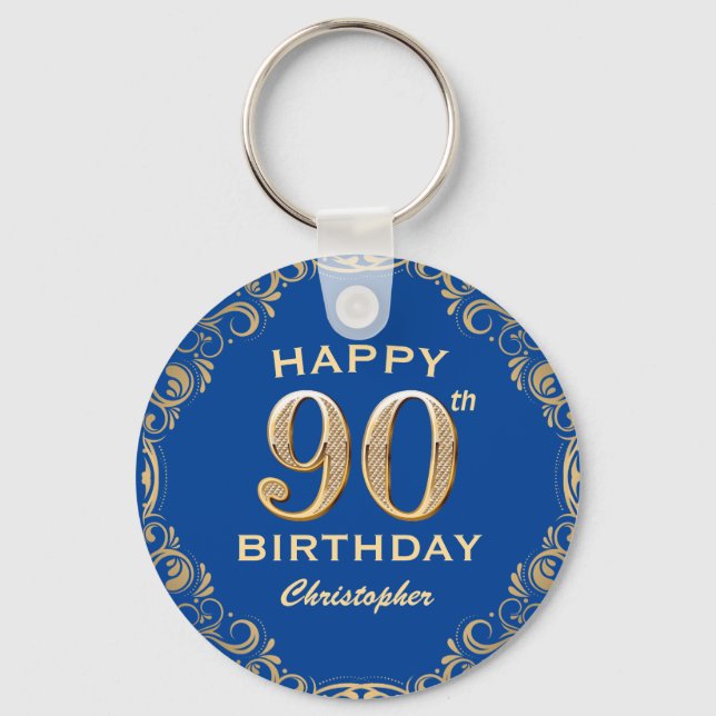 90th Birthday Party Blue and Gold Glitter Frame Keychain (Front)