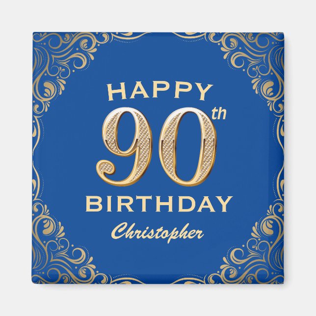 90th Birthday Party Blue and Gold Glitter Frame Magnet (Front)