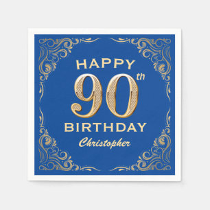 90th Birthday Party Blue and Gold Glitter Frame Napkins