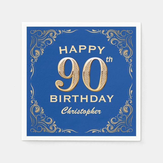 90th Birthday Party Blue and Gold Glitter Frame Napkins (Front)