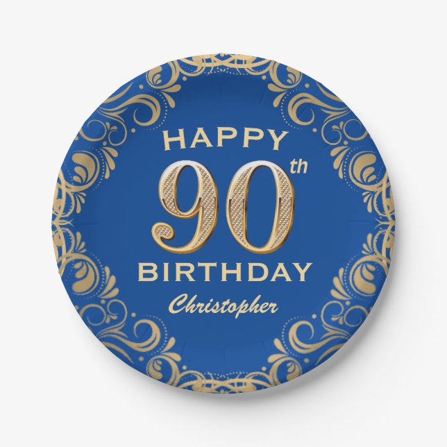 90th Birthday Party Blue and Gold Glitter Frame Paper Plates (Front)