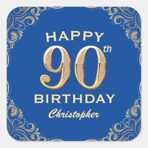 90th Birthday Party Blue and Gold Glitter Frame Square Sticker