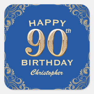 90th Birthday Party Blue and Gold Glitter Frame Square Sticker