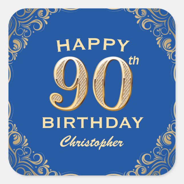 90th Birthday Party Blue and Gold Glitter Frame Square Sticker (Front)
