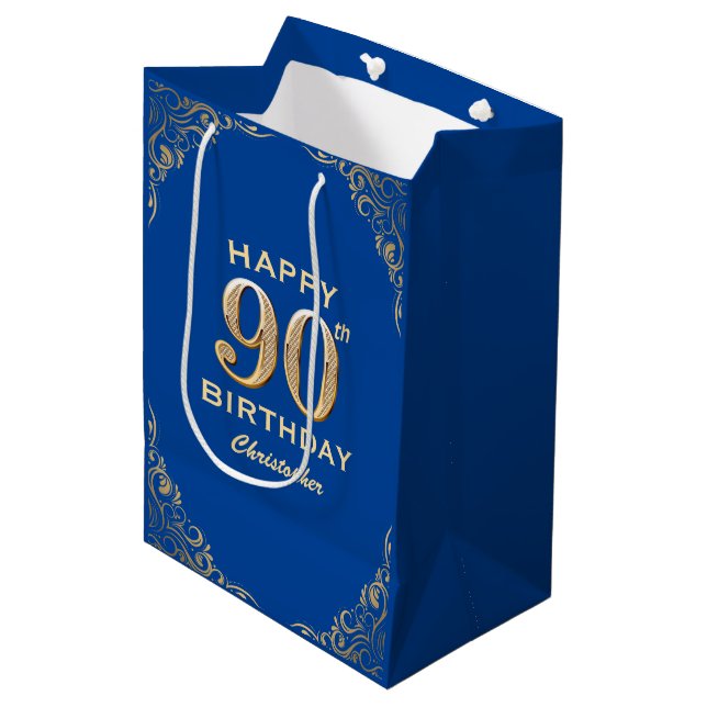 90th Birthday Party Blue and Gold Glitter Medium Gift Bag (Front Angled)