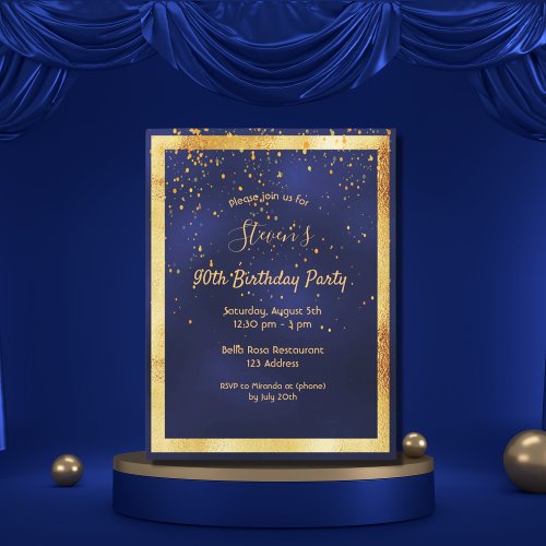 90th birthday party blue gold confetti invitation postcard