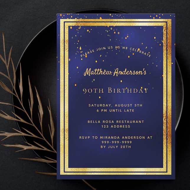 90th birthday party blue gold confetti sprinkle invitation