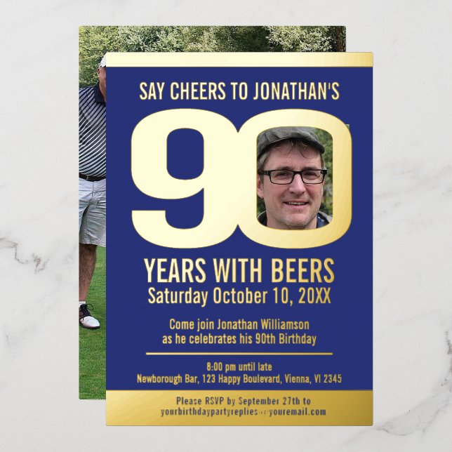 90th Birthday party blue gold foil photo beer Foil Invitation (Front/Back)
