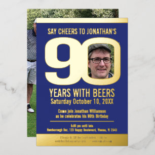 90th Birthday party blue gold foil photo beer Invitation