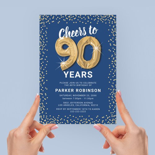 90th Birthday Party Blue Gold Invitation