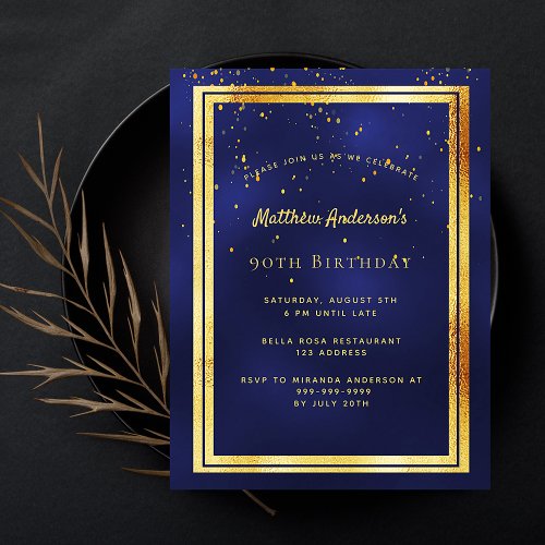 90th birthday party blue gold shiny invitation postcard