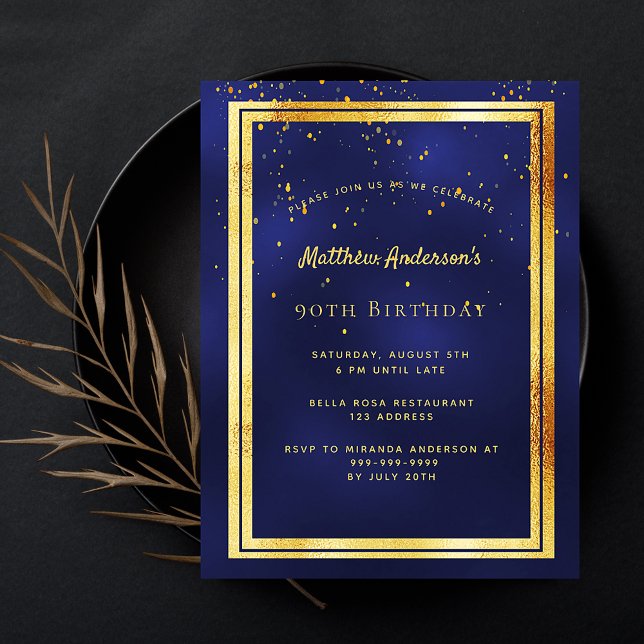 90th birthday party blue gold shiny invitation postcard (Creator Uploaded)