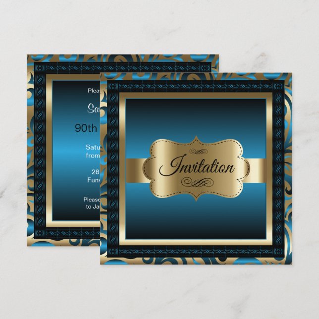 90th Birthday Party | Blue Metallic & Gold Invitation (Front/Back)