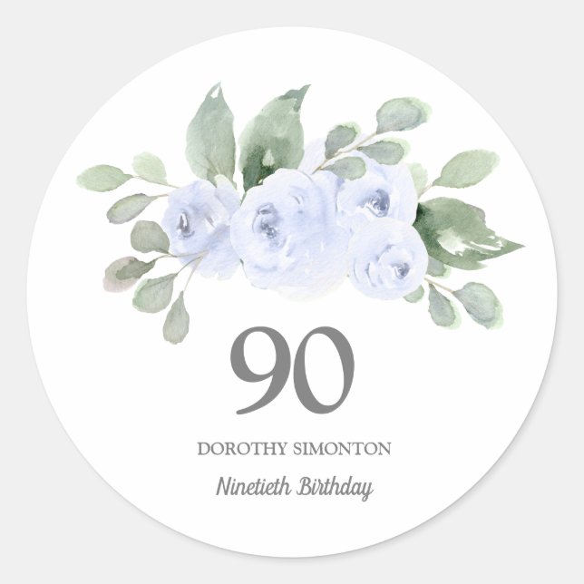90th Birthday Party Blue Rose Eucalyptus Classic Round Sticker (Front)
