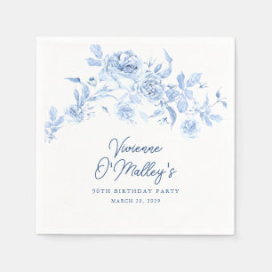 90th Birthday Party Blue Rose Floral Custom Napkins