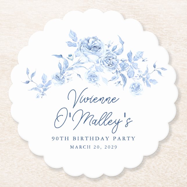 90th Birthday Party Blue Rose Floral Custom Paper Coaster (Front)