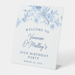 90th Birthday Party Blue Rose Floral Welcome Pedestal Sign
