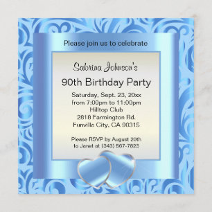 90th Birthday Party   Blue, Silver & White Verder Invitation