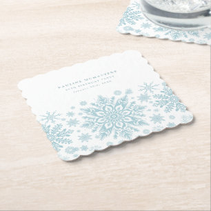 90th Birthday Party Blue White Snowflake Custom Paper Coaster
