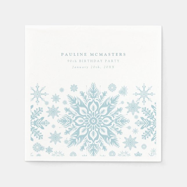90th Birthday Party Blue White Snowflake Winter Napkins (Front)