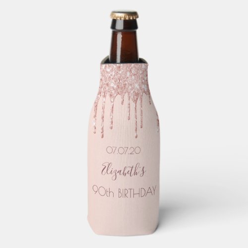 90th birthday party blush gold glitter drip  bottle cooler