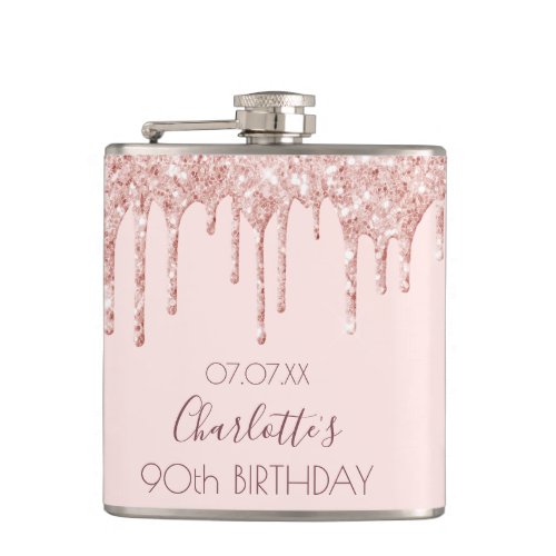 90th birthday party blush rose gold glitter drips flask