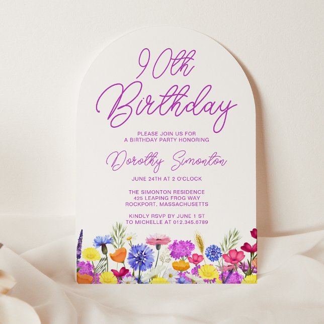 90th Birthday Party Boho Purple Wildflower Arch Invitation (Creator Uploaded)
