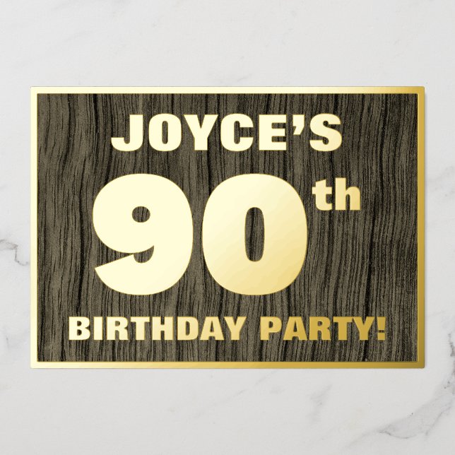 90th Birthday Party: Bold, Faux Wood Grain Pattern Foil Invitation (Front)