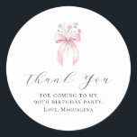 90th Birthday Party Bow Custom Thank You Favor Classic Round Sticker<br><div class="desc">Thank your guests for coming to your birthday party with this personalized thank you favor sticker.  It features a blush pink coquette bow accented with pink and blue wildflowers. Thank you is written in a lovely open script. Three lines let you customize your appreciation. All text is editable.</div>